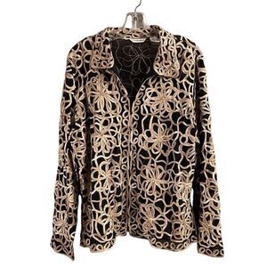 Laura Ashley Ladies Semi Sheer Textures Zip Up Cardigan Jacket Sz XL Black Gold